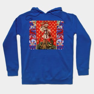 St. George and Dragon Medieval Miniature ,Red Blue White Floral Motifs Hoodie